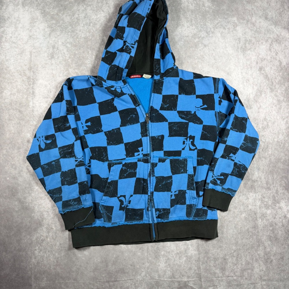 Vintage Unionbay Checkered Skull Full Zip Hoodie Blue Black Youth Medium Skater